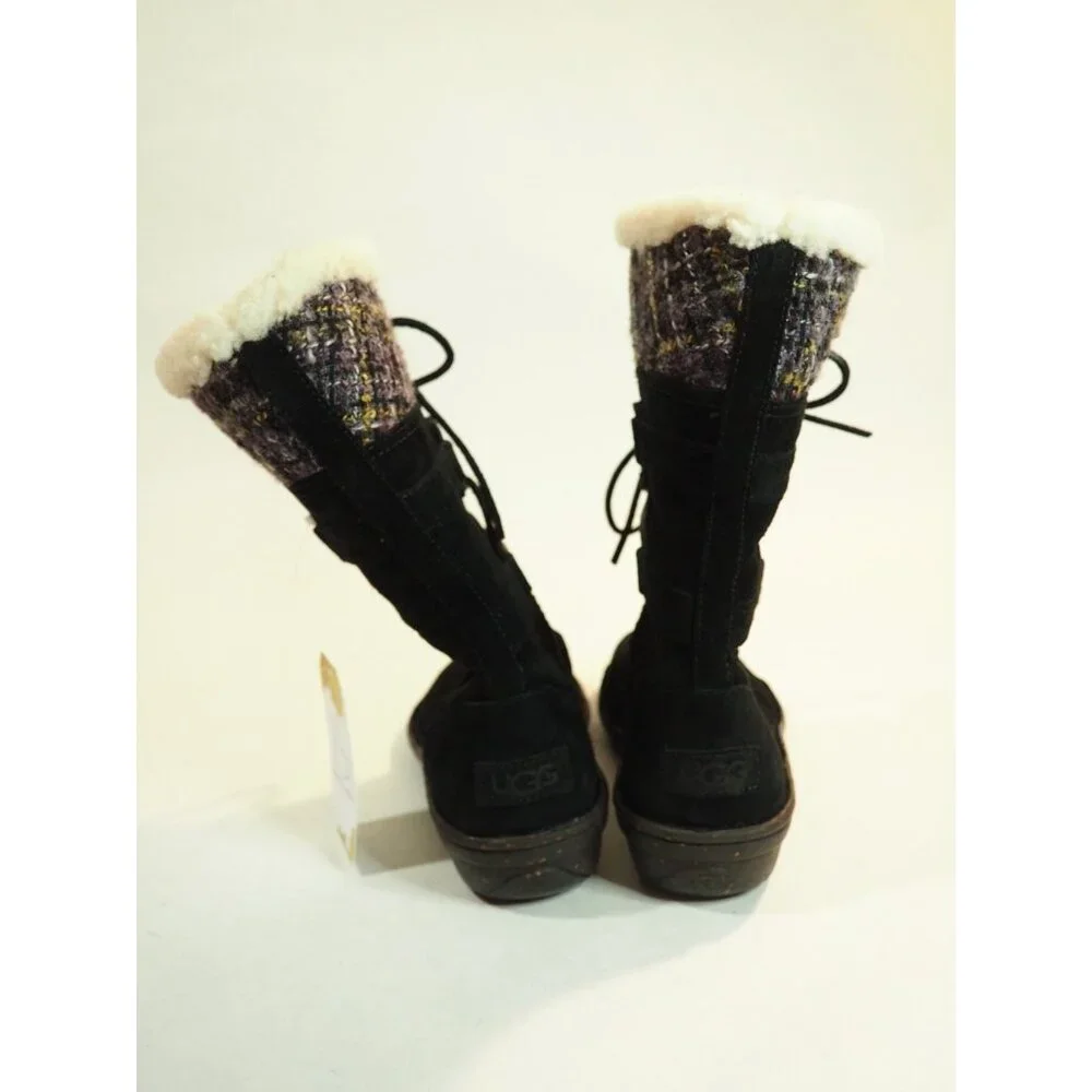Ugg Black Leather Suede Tweed Cuff Sheepskin Lined Laced Boots, Size 9 (US)
